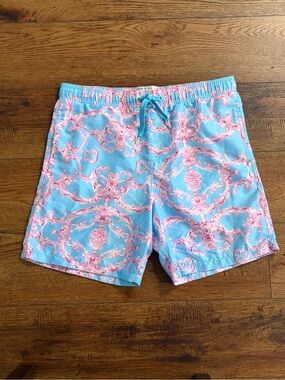 Baroque Gold Swim Trunks Blue Pink Medallion Print Men’s Large